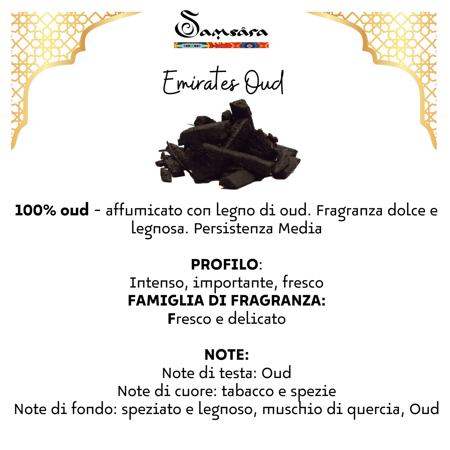 Samsara Profumo Arabo solido Bakhoor con legno di Oud ultra Persistente | Profumo per Corpo, Capelli ed Indumenti - EMIRATES OUD | 20g - Made in Dubai - SamsaraFragrances