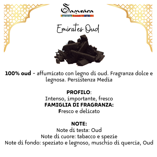 Samsara Profumo Arabo solido Bakhoor con legno di Oud ultra Persistente | Profumo per Corpo, Capelli ed Indumenti - EMIRATES OUD | 20g - Made in Dubai - SamsaraFragrances