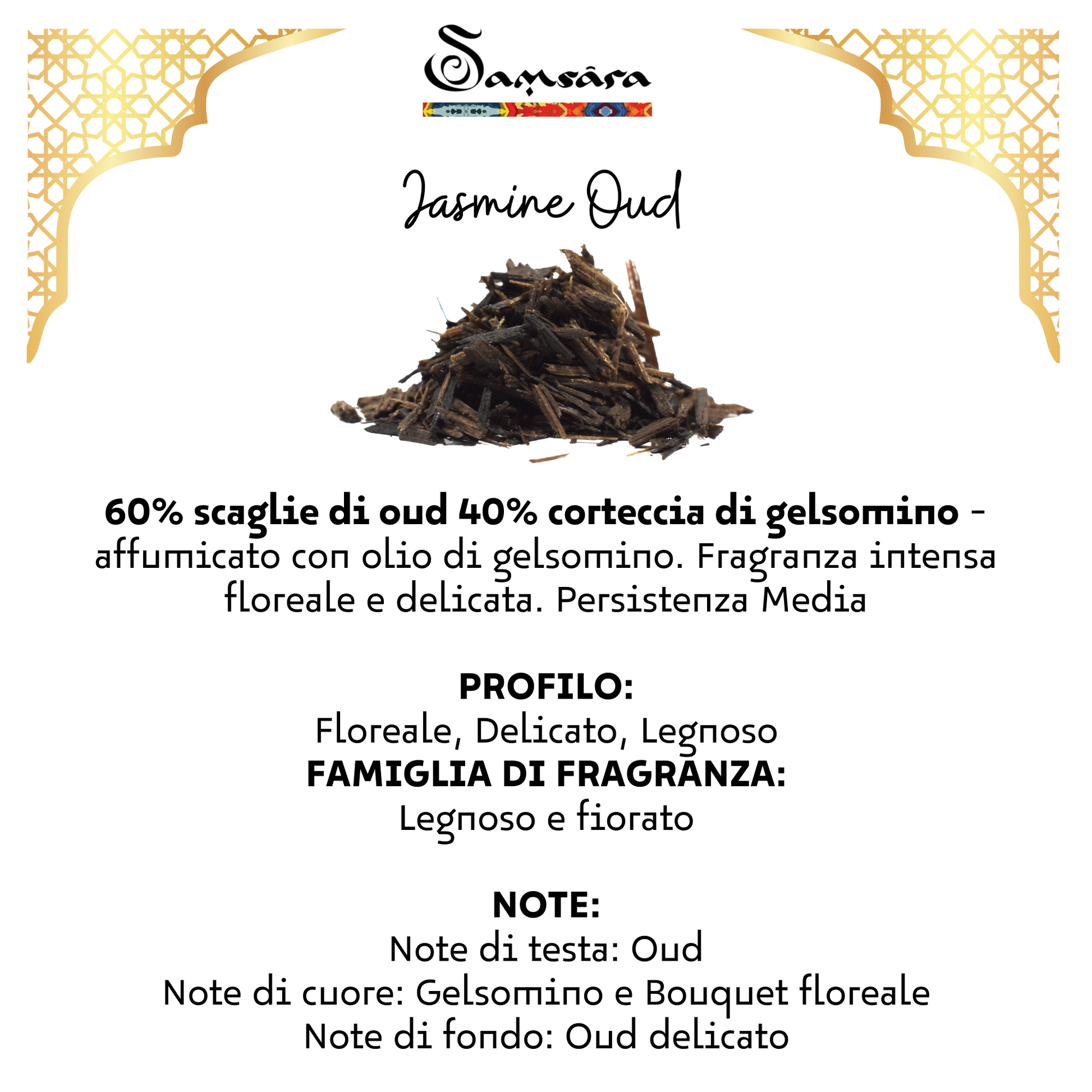 Samsara Profumo Arabo solido Bakhoor con legno di Oud ultra Persistente | Profumo per Corpo, Capelli ed Indumenti - JASMINE OUD | 20g - Made in Dubai - SamsaraFragrances