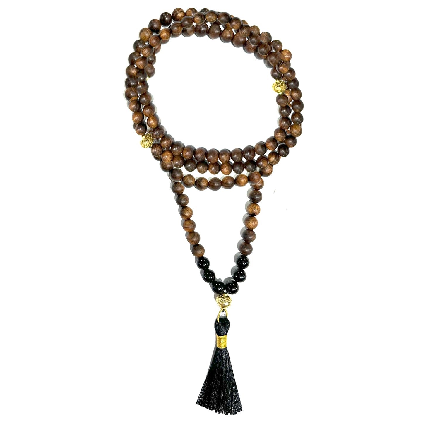 Samsara Collana Tibetana con Legno d'Agar e Onice Nero - Mala Tibetano con 108 Grani, Guru e Nappa - SamsaraFragrances