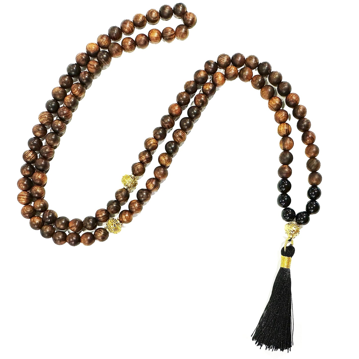 Samsara Collana Tibetana con Legno d'Agar e Onice Nero - Mala Tibetano con 108 Grani, Guru e Nappa - SamsaraFragrances