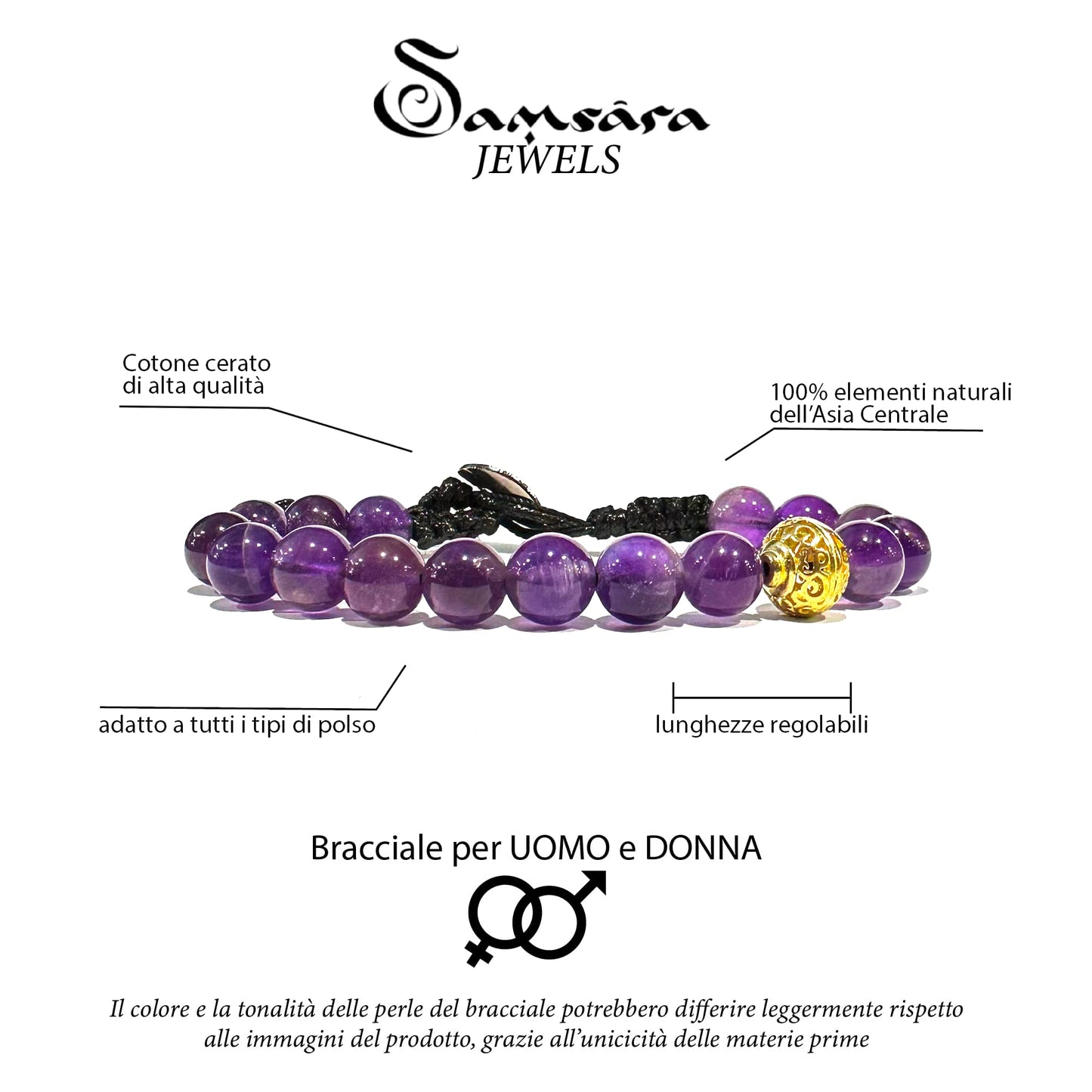 Samsara Bracciale Tibetano Buddista, lunghezza Regolabile, gioiello mistico Portafortuna - Filo in cotone cerato AMETISTA - SamsaraFragrances
