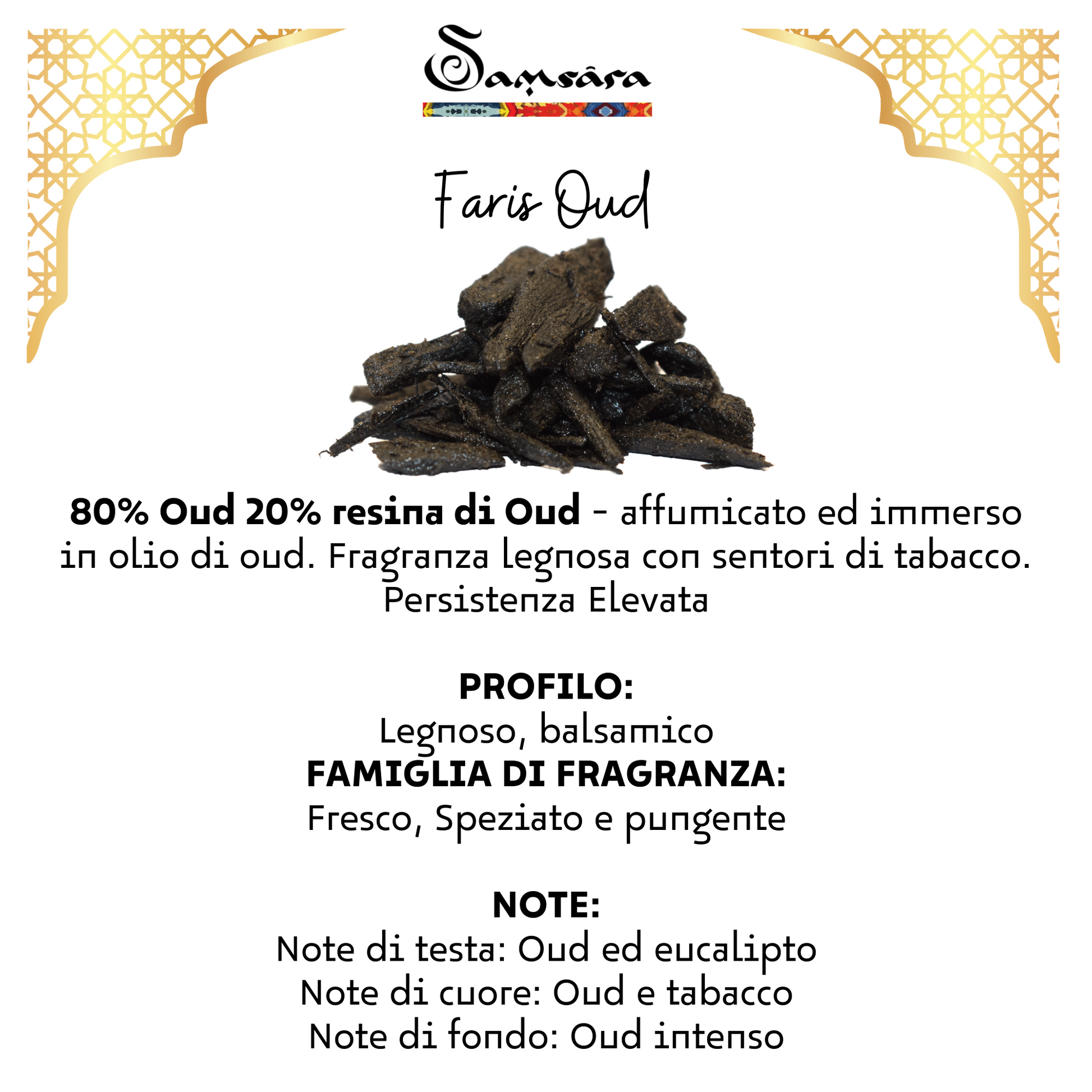 Samsara Profumo Arabo solido Bakhoor con legno di Oud ultra Persistente | Profumo per Corpo, Capelli ed Indumenti - FARIS OUD | 20g - Made in Dubai - SamsaraFragrances