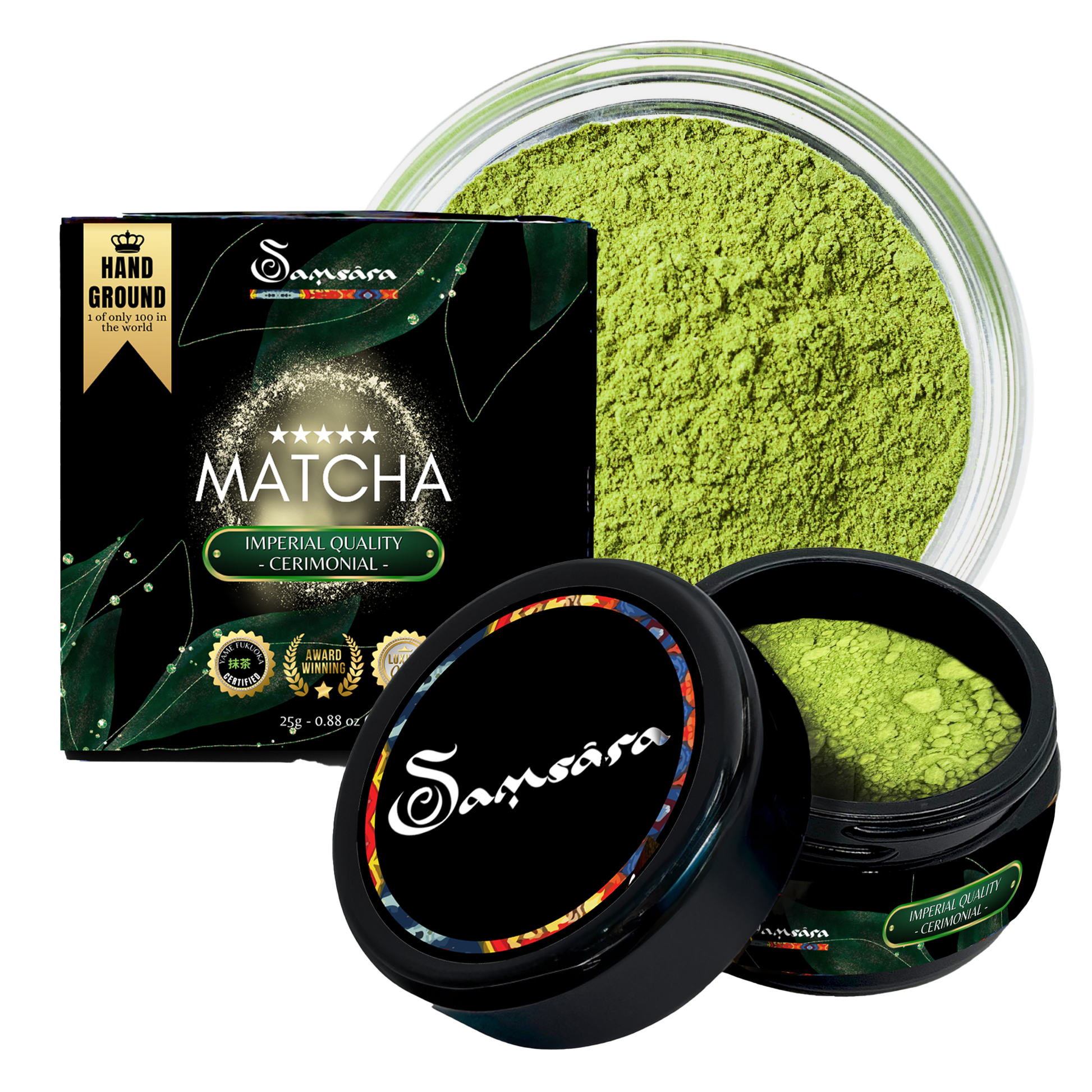 Samsara Matcha Cerimoniale Grado IMPERIALE Premium | Raccolto a Mano in Giappone a YAME Fukuoka, Macinato a Pietra | NO Cottura Vapore | Testato EGCG | E-guida e Bugiardino (25g) - SamsaraFragrances