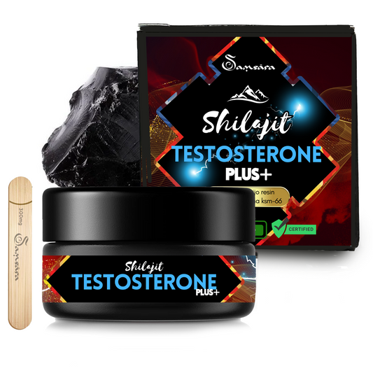 Samsara Shilajit TESTOSTERONE PLUS | Ashwagandha ksm-66 | Estratto di Tribulus Terrestris | Erbe medicinali - Più Vigore ed Energia, 30% in Più Testosterone, NO Amaro. (25g) - SamsaraFragrances