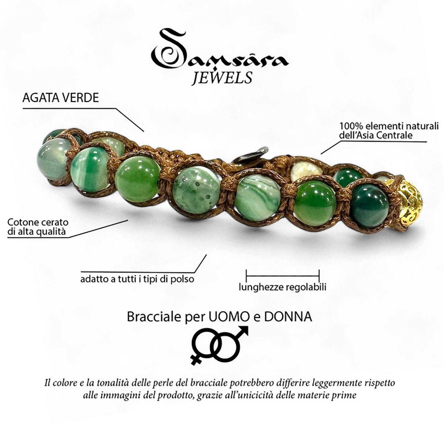 Infografica tecnica del bracciale – materiali naturali, nodo tibetano, garanzia inclusa