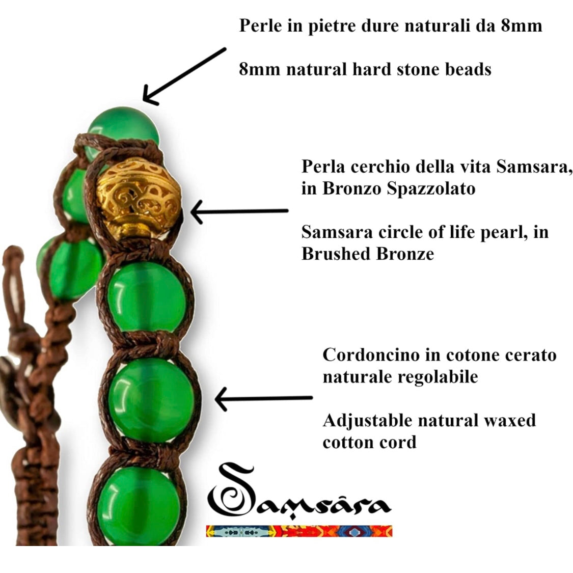 Samsara Kids Bracciale Tibetano Buddista per Bambino/Bambina – Shamballa con Pietra in Agata Bianca - Filo in Cotone Cerato Marrone - SamsaraFragrances