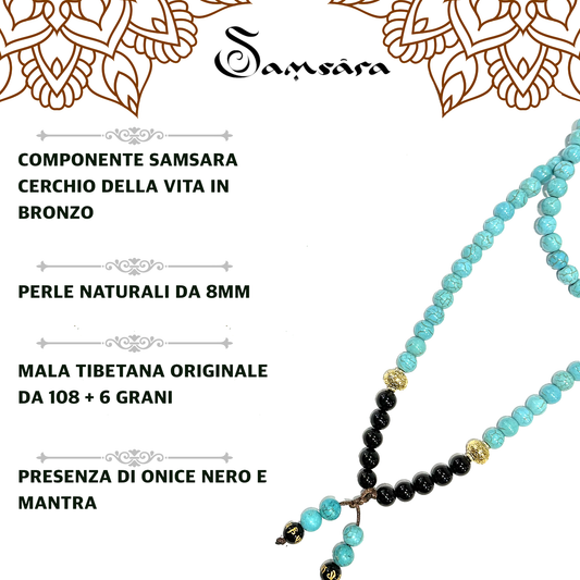 Samsara Collana Tibetana con Turchese Celeste e Onice Nero - Mala Tibetano con 108 Grani - SamsaraFragrances