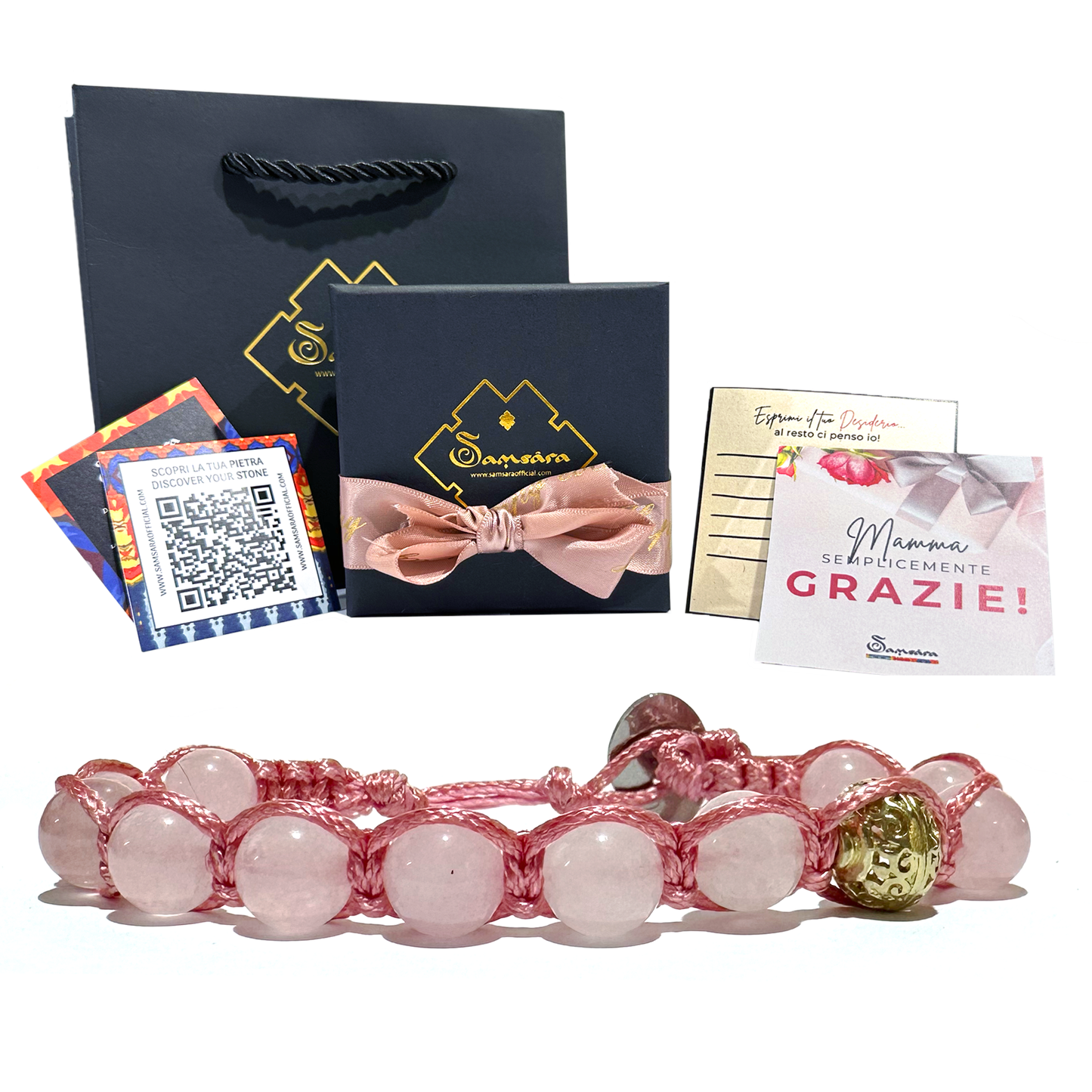 Bracciale Festa della Mamma in Quarzo Rosa Naturale - Regolabile - Confezione regalo e Cartoline Incluse