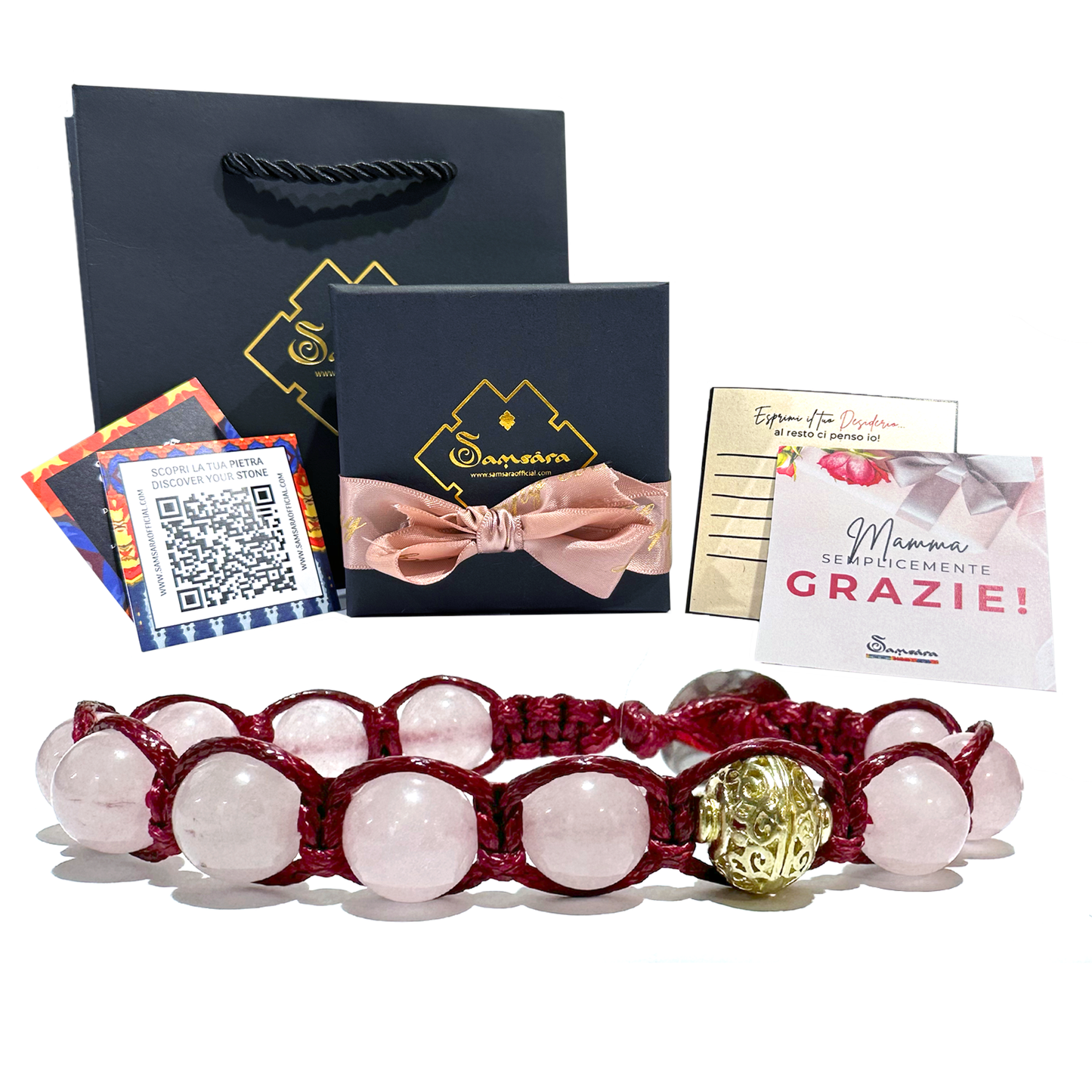 Bracciale Festa della Mamma in Quarzo Rosa Naturale - Regolabile - Confezione regalo e Cartoline Incluse