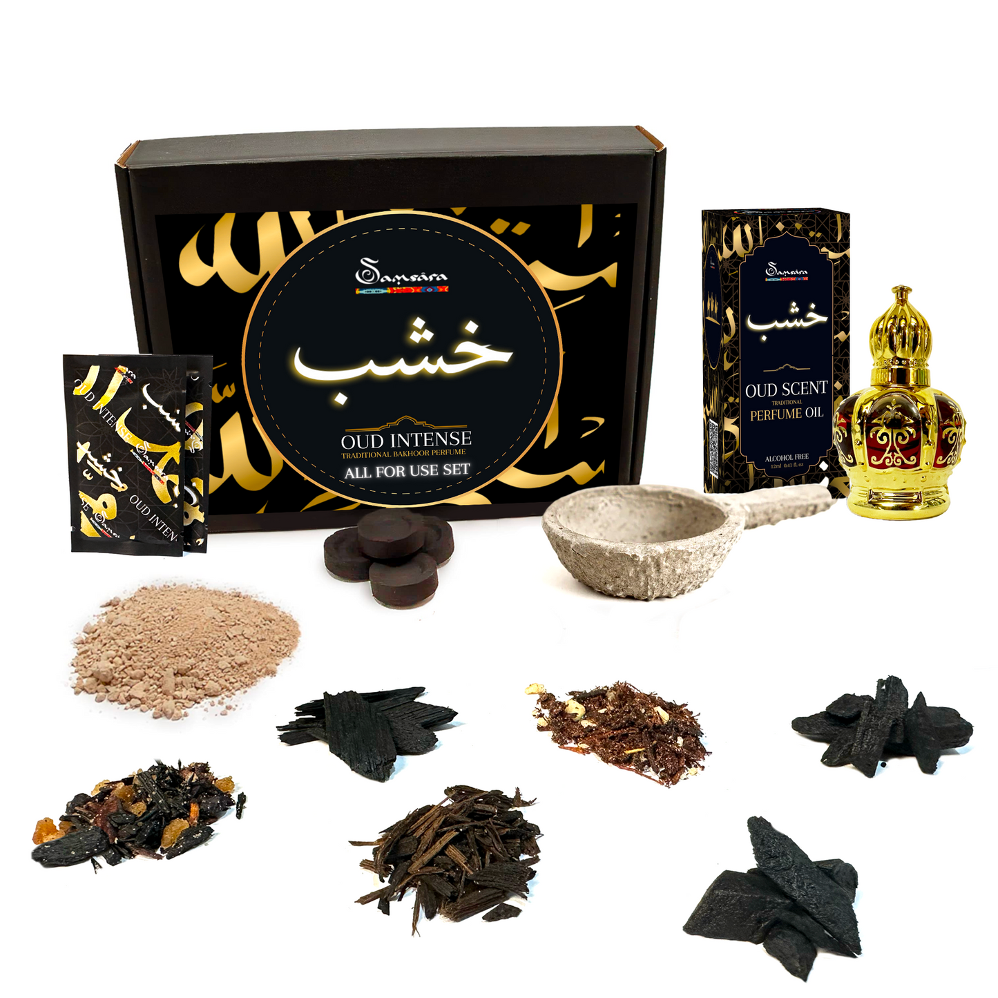 SAMSARA KIT Bakhoor ULTRA DURATA - Profumo Arabo Donna | Profumi Arabi Uomo, Legno di OUD, Profumo per Capelli, Corpo e Indumenti | Made in DUBAI