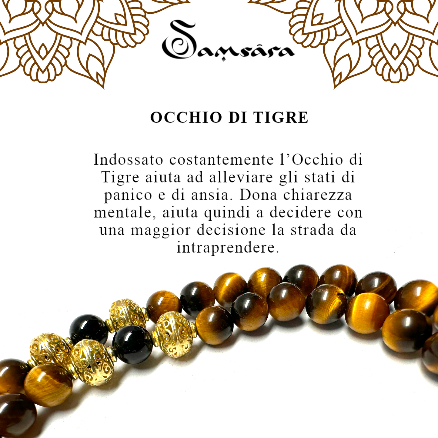 Samsara Collana Tibetana con Occhio di Tigre e Onice Nero - Mala Tibetano con 108 Grani - SamsaraFragrances