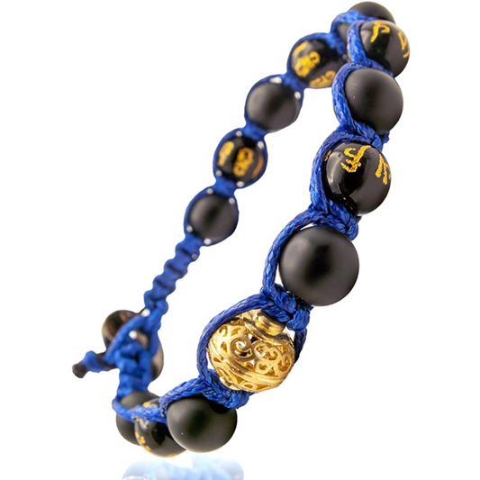 Samsara Buddhist Tibetan bracelet - Shamballa with opaque onyx and lucid onyx with mantra - cotton wire.