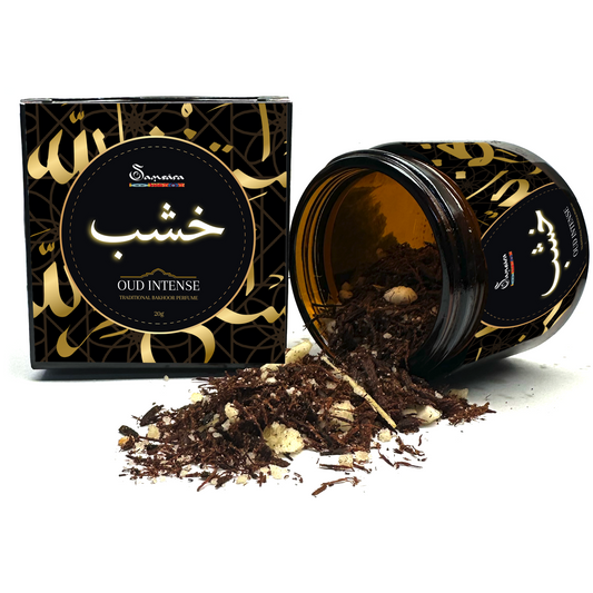 Samsara Profumo Arabo solido Bakhoor con legno di Oud ultra Persistente | Profumo per Corpo, Capelli ed Indumenti - AMBER OUD | 20g - Made in Dubai - SamsaraFragrances