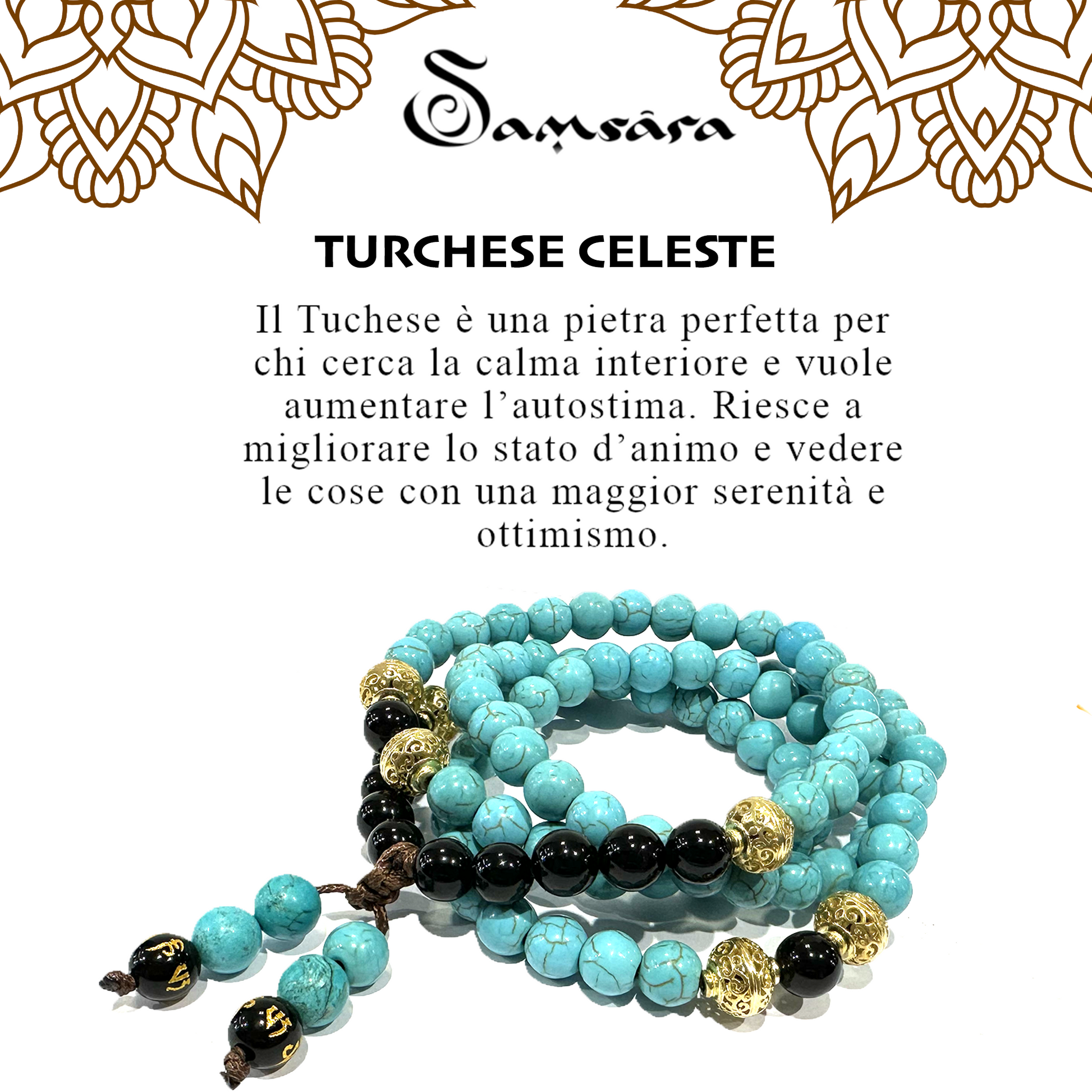 Samsara Collana Tibetana con Turchese Celeste e Onice Nero - Mala Tibetano con 108 Grani - SamsaraFragrances