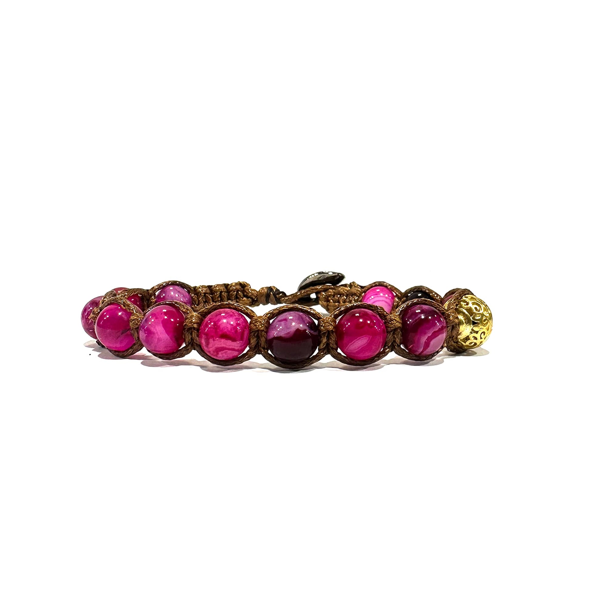 Samsara Bracciale Tibetano Buddista - Shamballa con Agata Fucsia - Filo in cotone cerato Marrone - SamsaraFragrances