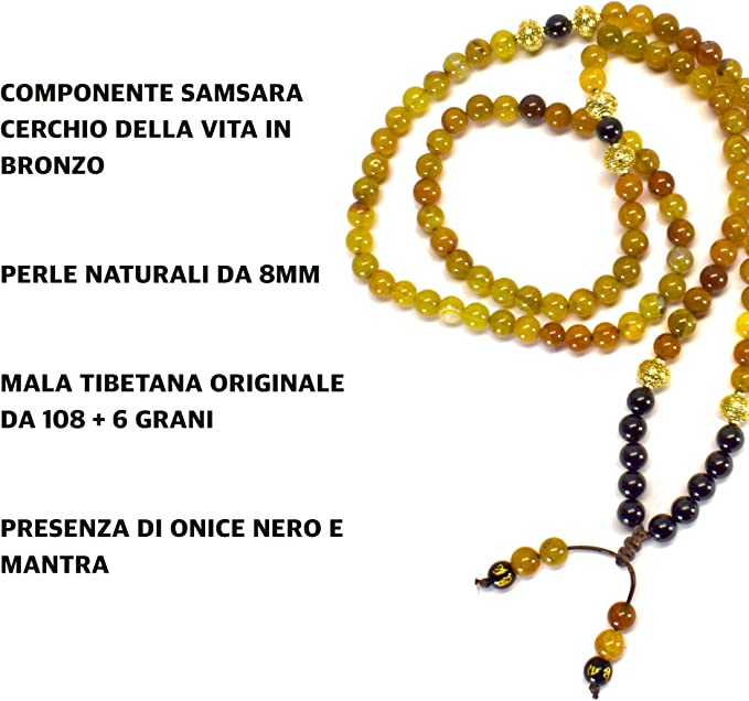 Samsara Collana Tibetana con Pietra del Drago e Onice Nero - Mala Tibetano con 108 Grani - SamsaraFragrances