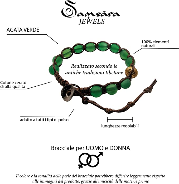Samsara Bracciale Tibetano Buddista - Shamballa con Pietra in Agata Verde - Filo in Cotone Cerato Marrone - SamsaraFragrances