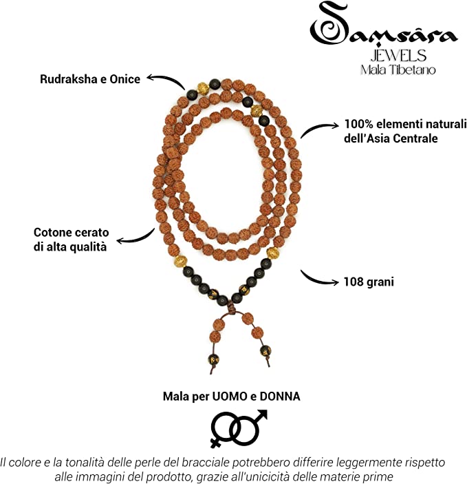 Samsara Collana Tibetana con Rudraksha e Onice Nero - Mala Tibetano con 108 Grani - SamsaraFragrances