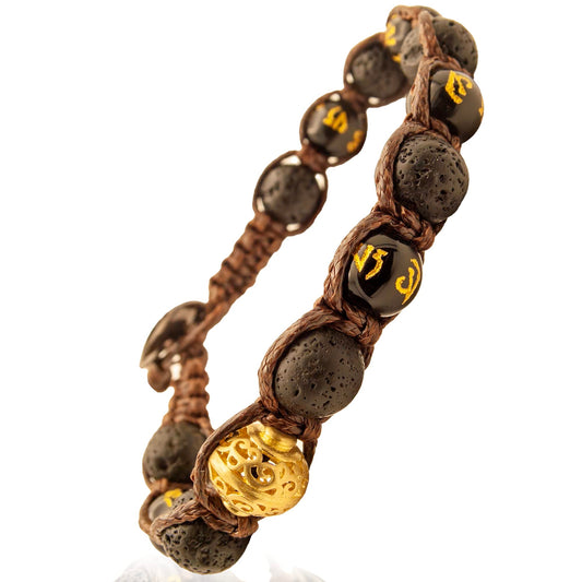 Samsara Bracciale Tibetano Buddista - Shamballa con Pietra Lava Nera e Onice con Mantra - Filo in Cotone Cerato Marrone - SamsaraFragrances