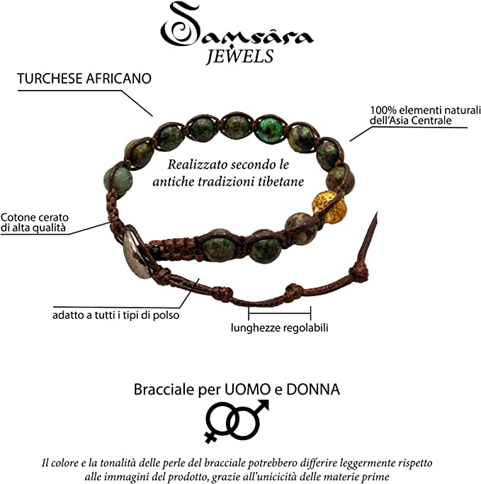 Samsara Bracciale Tibetano Buddista - Shamballa con Pietra Turchese Africano Lucido - Filo in Cotone Cerato Marrone - SamsaraFragrances