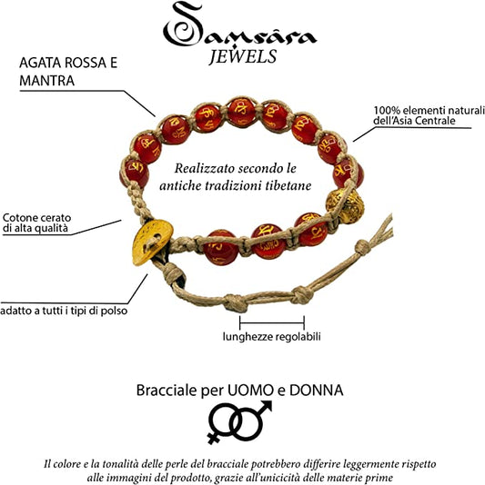 Samsara Bracciale Tibetano Buddista - Shamballa con Pietra Agata Rossa e Mantra Oro - Filo in Cotone Cerato Sabbia - SamsaraFragrances