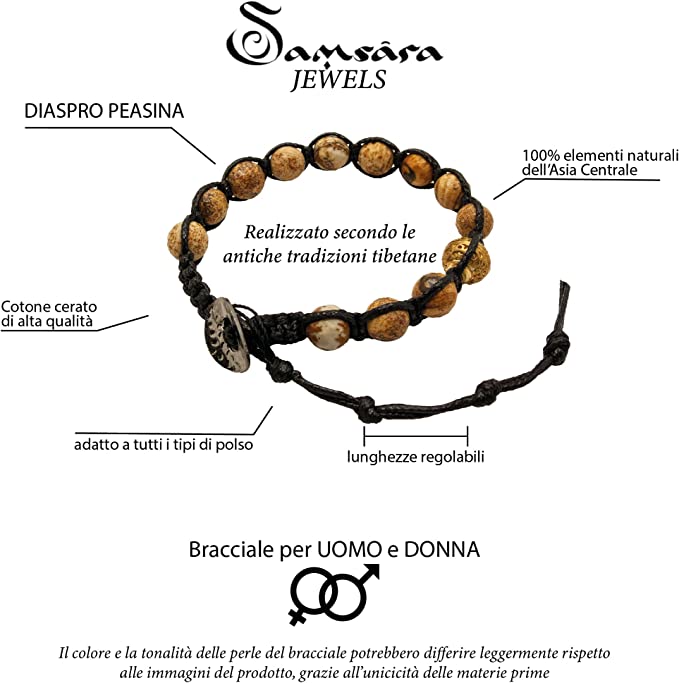 Samsara Bracciale Tibetano Buddista - Shamballa con Diaspro Paesina - Filo in Cotone Cerato Nero - SamsaraFragrances