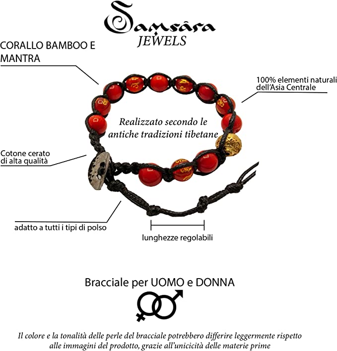 Samsara Bracciale Tibetano Buddista - Shamballa con Pietre in Corallo Bambù e Agata Rossa con Mantra Oro - Filo in Cotone Cerato Nero - SamsaraFragrances