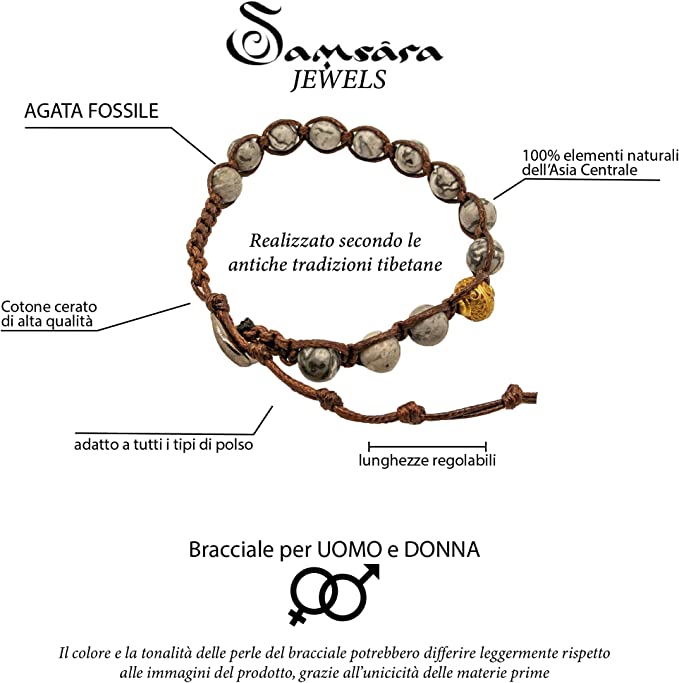 Samsara Bracciale Tibetano Buddista - Shamballa con Pietra in Agata Fossile - Filo in Cotone Cerato Marrone - SamsaraFragrances
