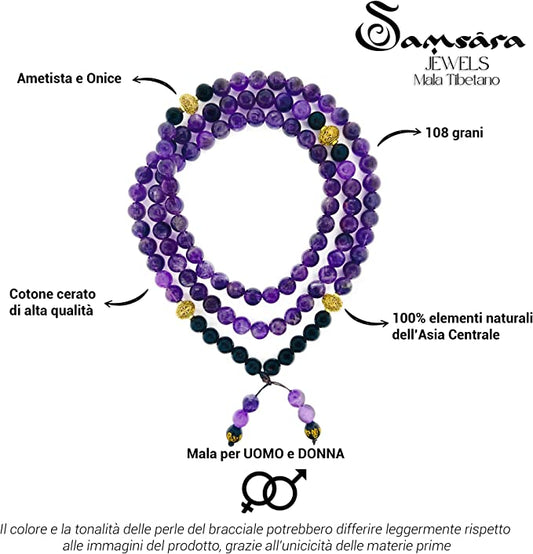 Samsara Collana Tibetana con Ametista e Onice Nero - Mala Tibetano con 108 Grani - SamsaraFragrances