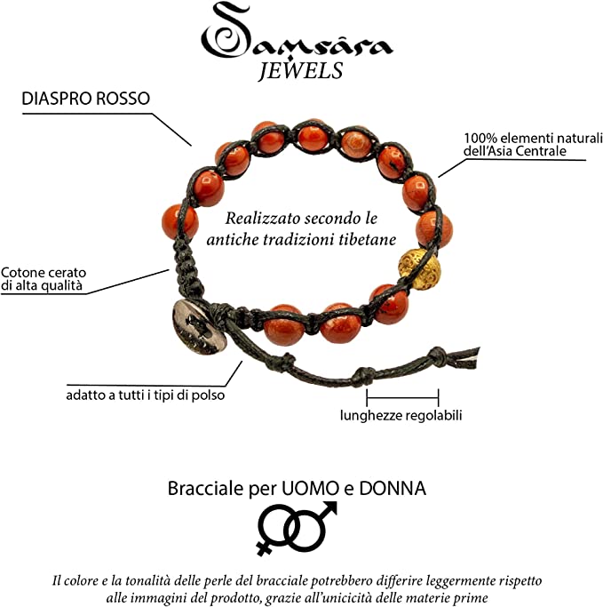 Samsara Bracciale Tibetano Buddista - Shamballa con Pietra in Diaspro Rosso - Filo in Cotone Cerato Nero - SamsaraFragrances