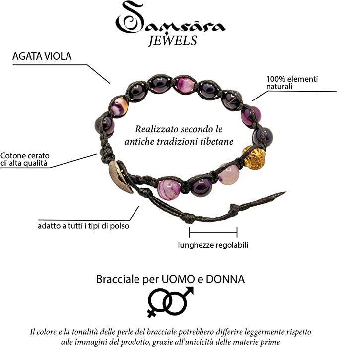 Samsara Bracciale Tibetano Buddista - Shamballa con Pietra in Agata Viola Striata - Filo in Cotone Cerato Nero - SamsaraFragrances