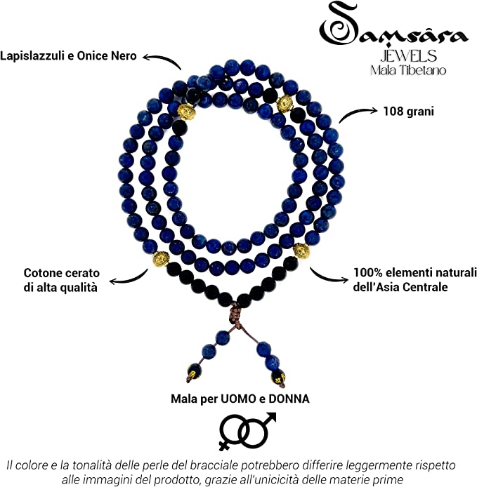 Samsara Collana Tibetana con Lapislazzuli e Onice Nero - Mala Tibetano con 108 Grani - SamsaraFragrances
