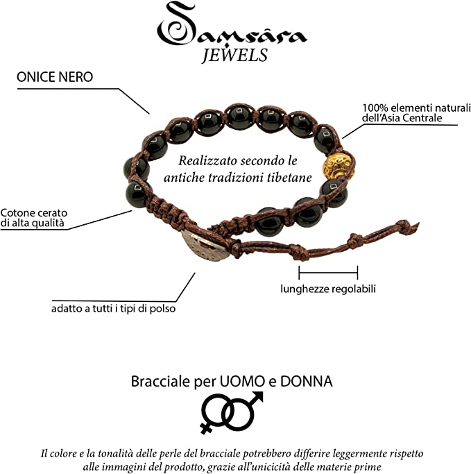Samsara Bracciale Tibetano Buddista - Shamballa con Pietra in Onice Nero Lucido - Filo in Cotone Cerato Marrone - SamsaraFragrances