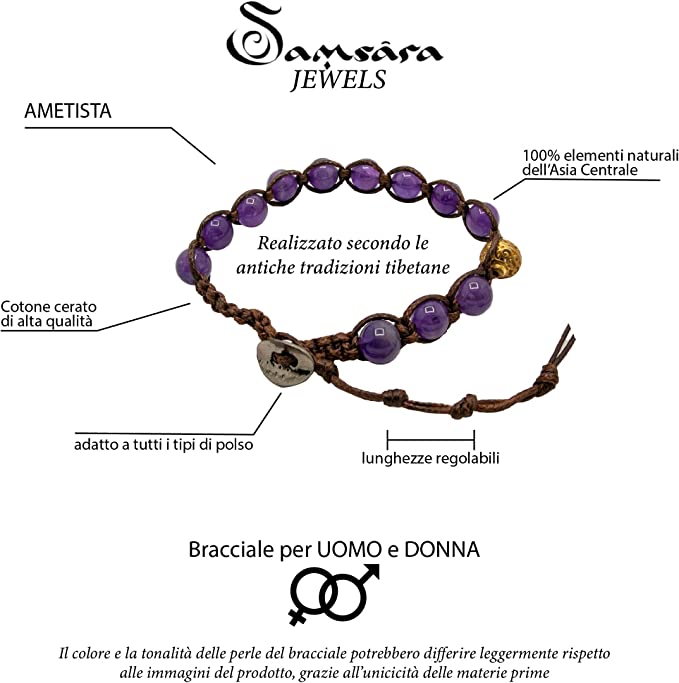 Samsara Bracciale Tibetano Buddista - Shamballa con Ametista - Filo in Cotone Cerato Marrone - SamsaraFragrances
