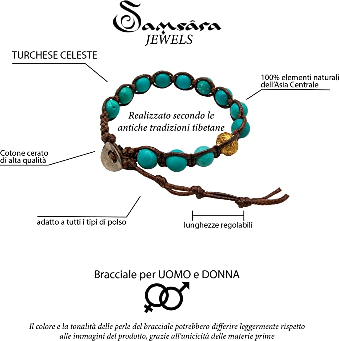 Samsara Bracciale Tibetano Buddista - Shamballa con Pietra Turchese Celeste - Filo in Cotone Cerato Marrone - SamsaraFragrances