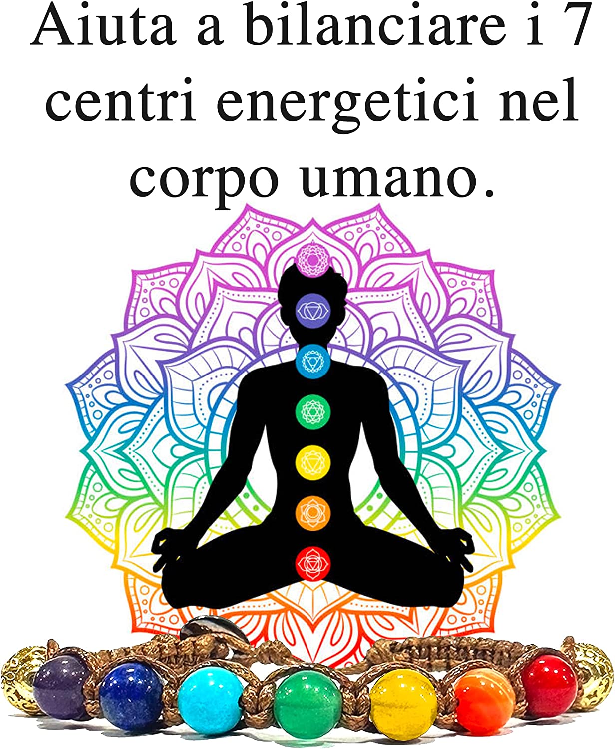 Bracciale Tibetano Buddista 7 CHAKRA - Shamballa con Sette Pietre Diverse - Filo in Cotone Cerato Marrone - SamsaraFragrances