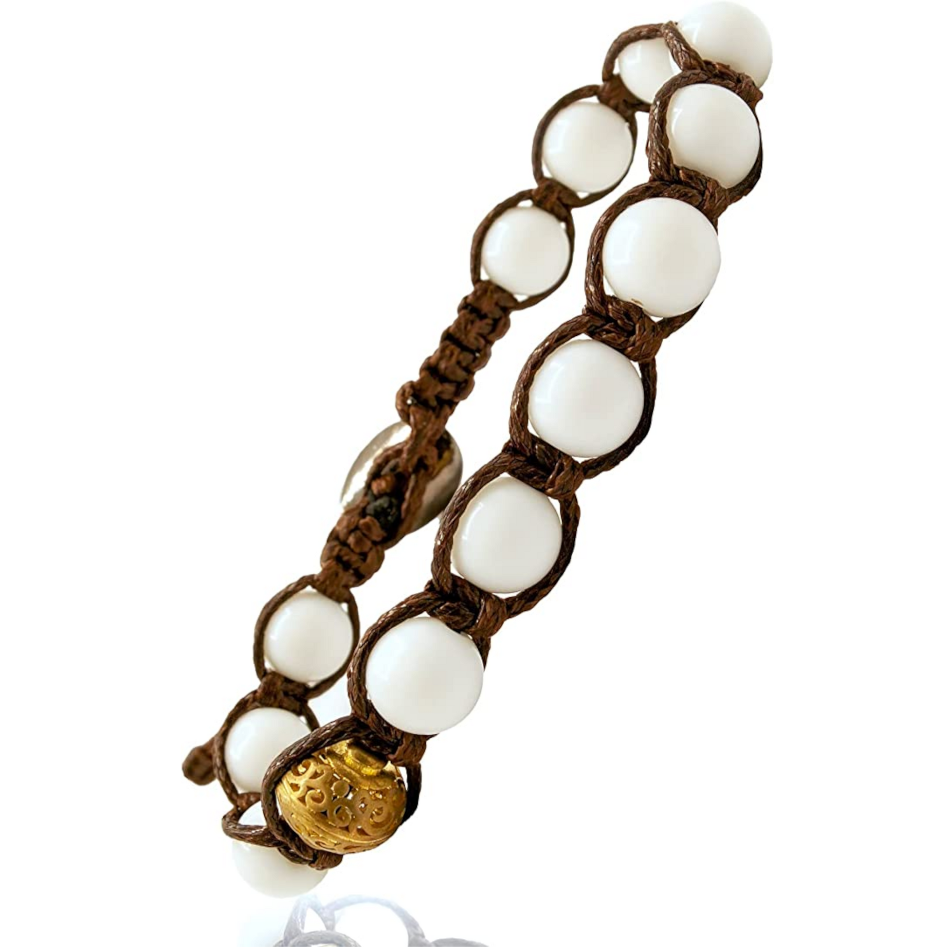 Samsara Bracciale Tibetano Buddista - Shamballa con Pietra in Agata Bianca - Filo in Cotone Cerato Marrone - SamsaraFragrances