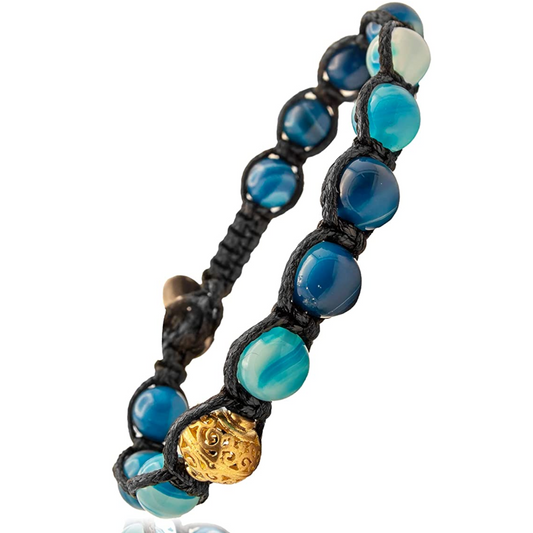 Samsara Bracciale Tibetano Buddista - Shamballa con Pietra in Agata Blu Striata- Filo in Cotone Cerato Nero - SamsaraFragrances