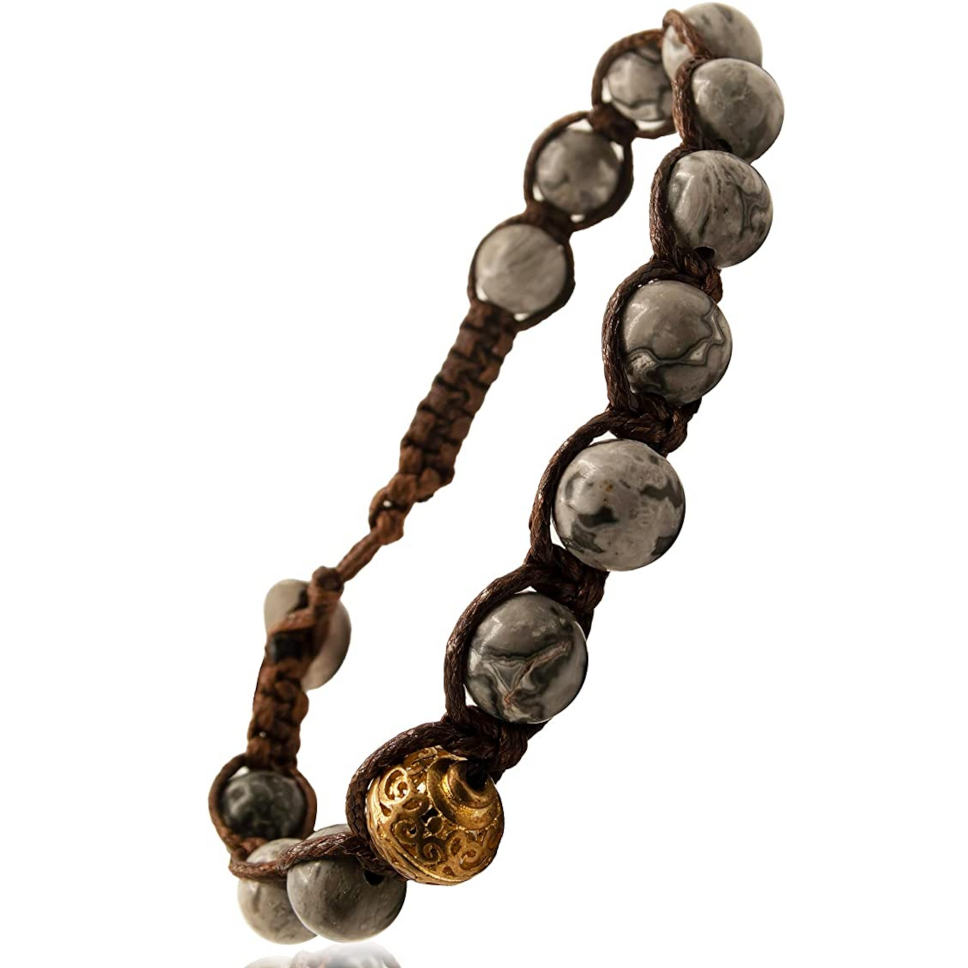 Samsara Bracciale Tibetano Buddista - Shamballa con Pietra in Agata Fossile - Filo in Cotone Cerato Marrone - SamsaraFragrances