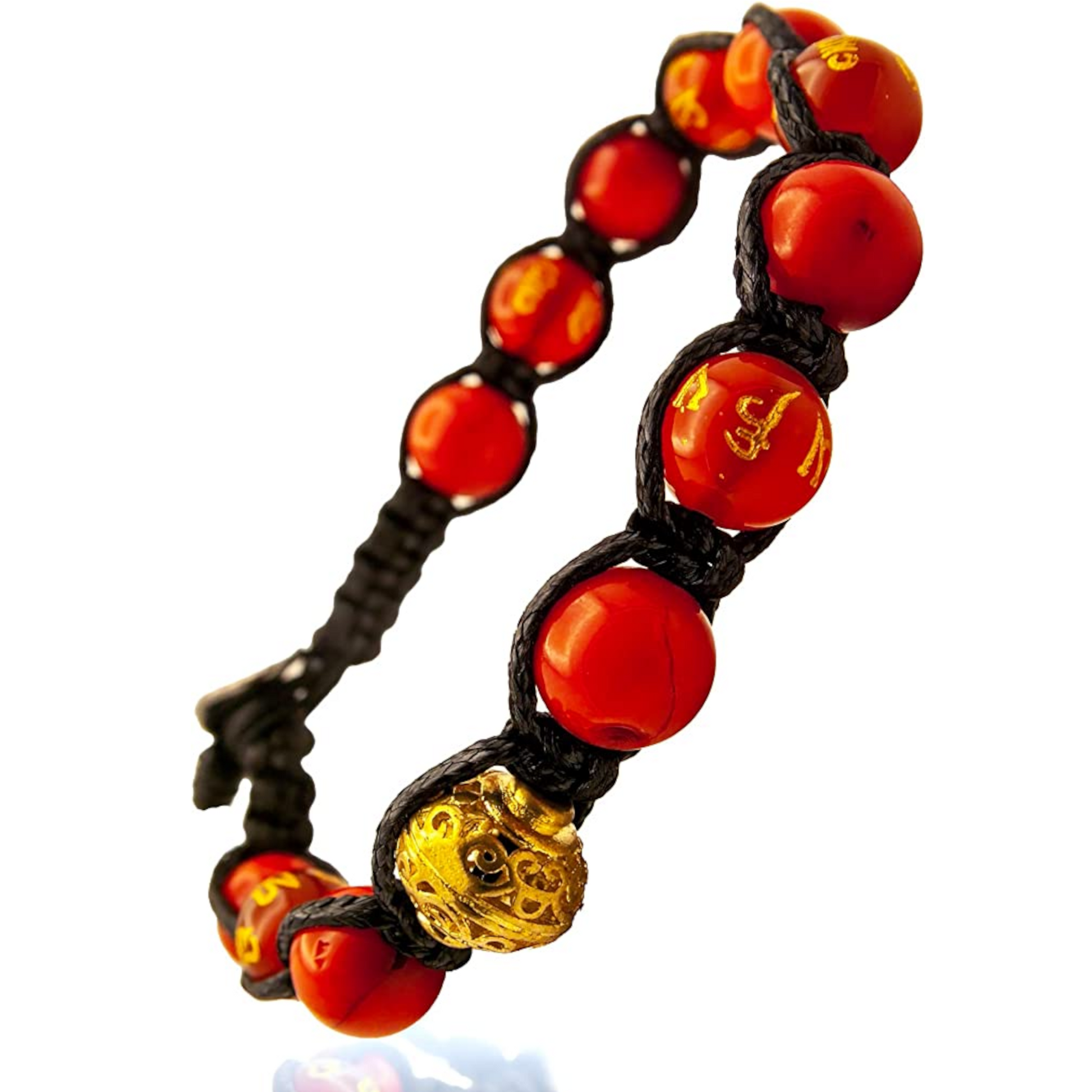 Samsara Bracciale Tibetano Buddista - Shamballa con Pietre in Corallo Bambù e Agata Rossa con Mantra Oro - Filo in Cotone Cerato Nero - SamsaraFragrances