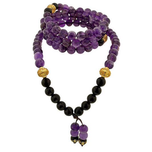 Samsara Collana Tibetana con Ametista e Onice Nero - Mala Tibetano con 108 Grani - SamsaraFragrances