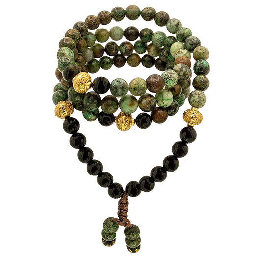 Samsara Collana Tibetana con Turchese Africano e Onice Nero - Mala Tibetano con 108 Grani - SamsaraFragrances