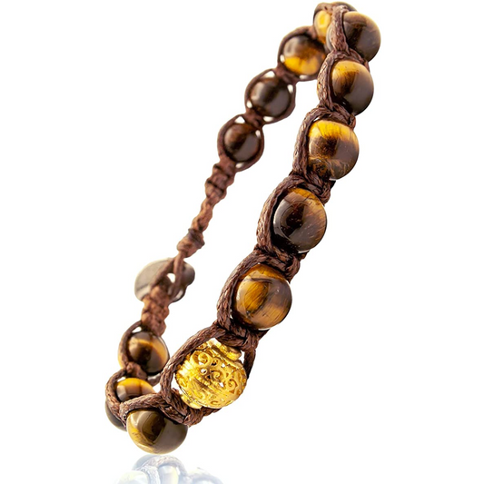Samsara Bracciale Tibetano Buddista - Shamballa con Pietra Occhio di Tigre - Filo in Cotone Cerato Marrone - SamsaraFragrances