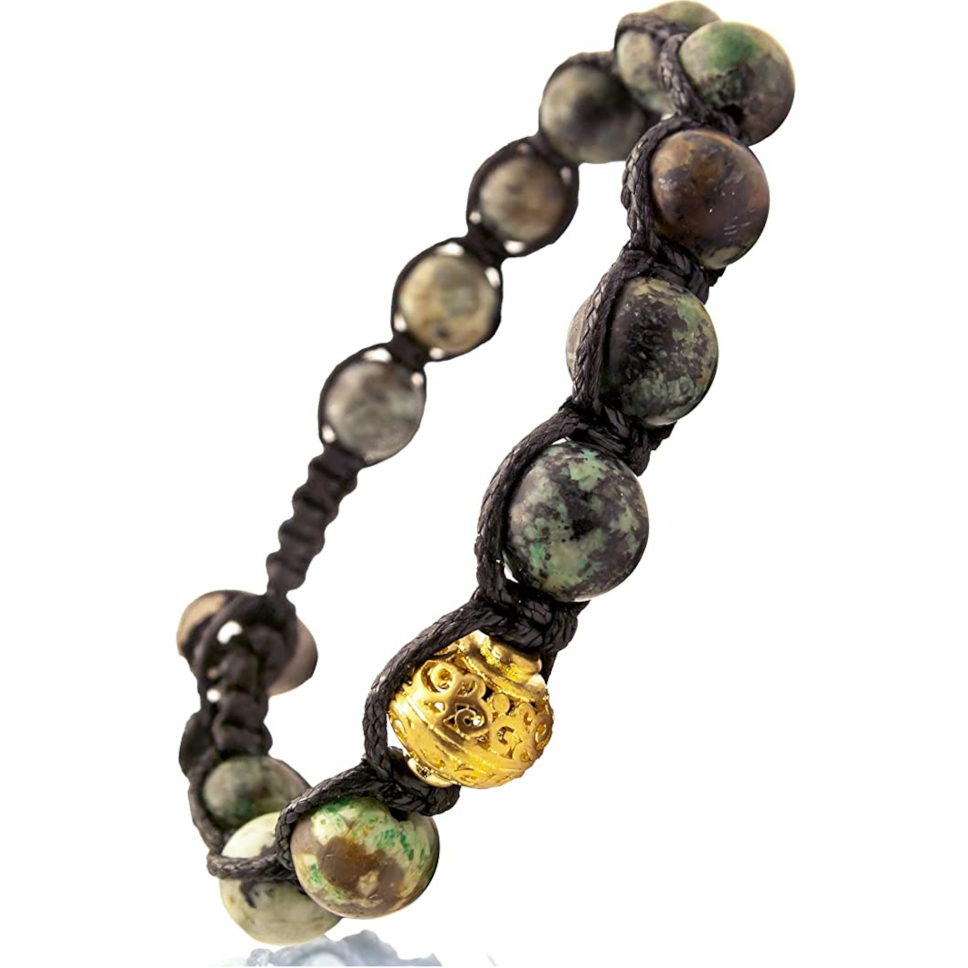 Samsara Bracciale Tibetano Buddista - Shamballa con Pietra Turchese Africano Lucido - Filo in Cotone Cerato Nero - SamsaraFragrances