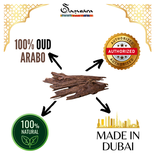 Samsara Profumo Arabo solido Bakhoor con legno di Oud ultra Persistente | Profumo per Corpo, Capelli ed Indumenti - AMBER OUD | 20g - Made in Dubai - SamsaraFragrances