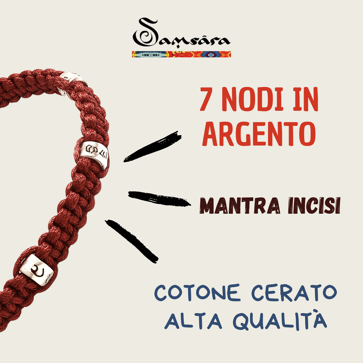 SAMSARA 7 nodi - Bracciale rosso della fortuna in Argento 925 regolabile