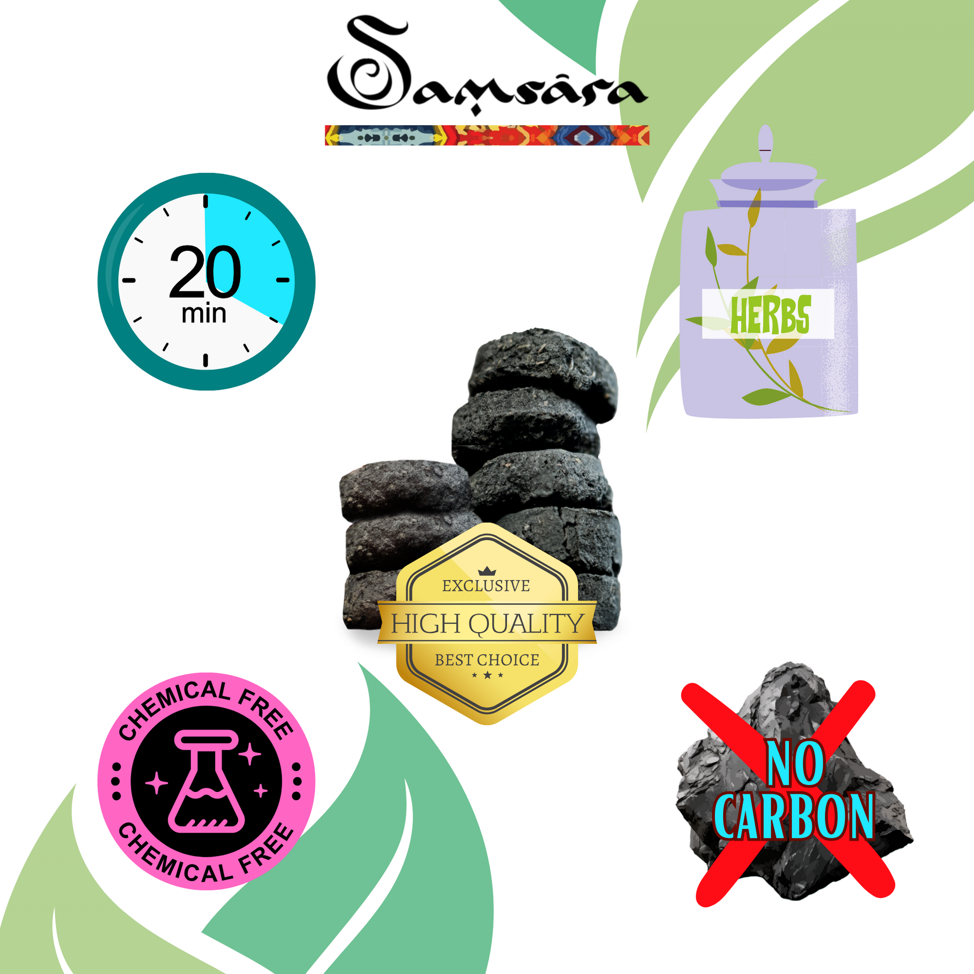 Samsara Carboncini per Incenso Artigianali | NO CARBONE, NO additivi chimici e volatili | Solo Erbe Essiccate e legno per una fragranza naturale e rilassante - 100% Naturali - 24pz - SamsaraFragrances