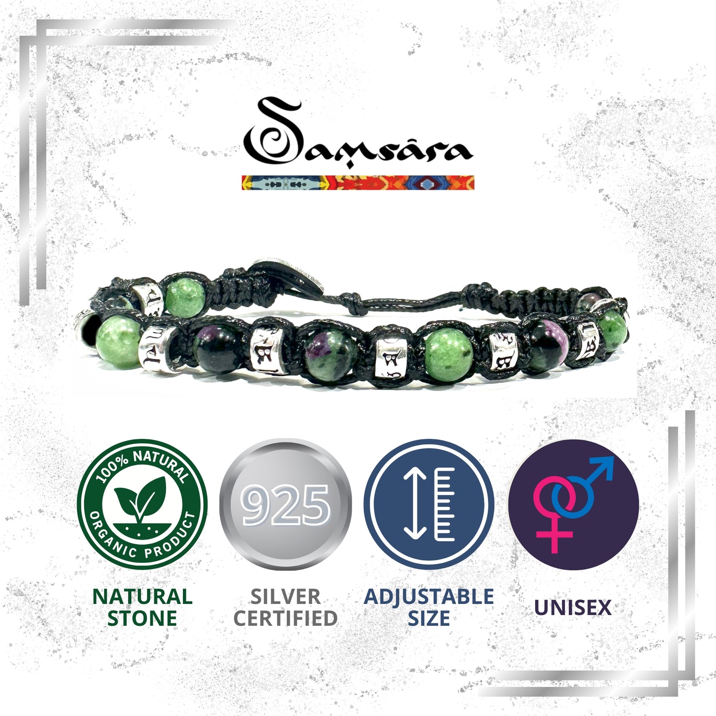 Bracciale Tibetano in Argento 925 e Rubino Zoisite - Filo in cotone cerato vari colori