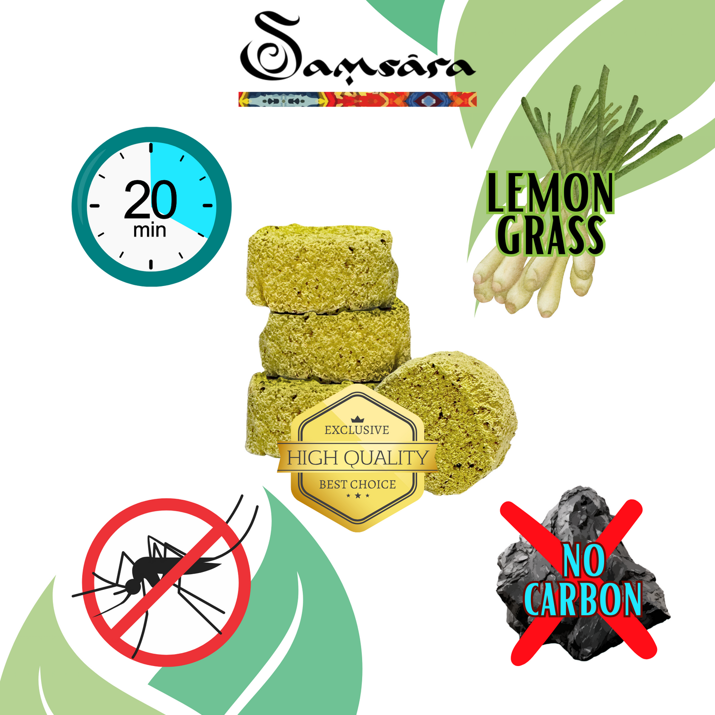 Samsara Carboncini per Incenso ANTIZANZARE alla Citronella | NO CARBONE, NO additivi chimici e volatili | NO MOSQUITOS - 100% Naturali (24 CARBONCINI)
